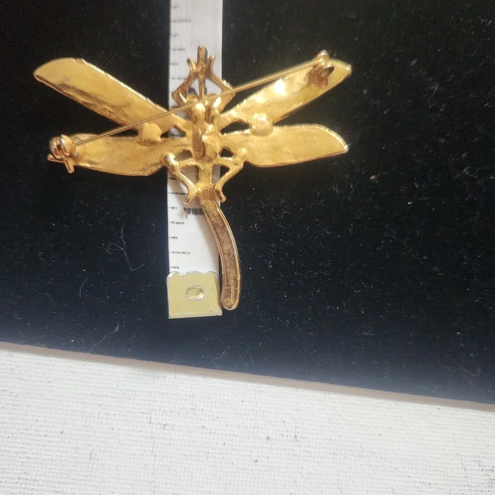 Vintage Gold Tone‎ Dragonfly Brooch Green Emerald Red Ruby Rhinestone Pin 2.5